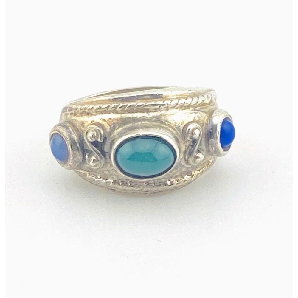 Blue and Green Onyx Sterling Silver Band Ring Size 7.5 Mexican Made Heavy  14 Gr